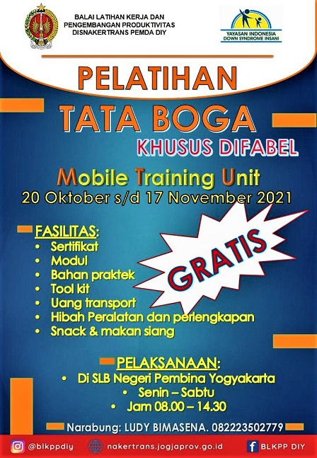 Pelatihan Tata Boga Gratis Teruntuk Difabel, Di SLB Negeri Pembina Yogyakarta, 21 Oktober-18 November 2021